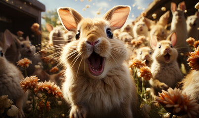 Rabbits with huge mouths. A group of rabbits in a field of flowers - obrazy, fototapety, plakaty