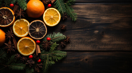 Fototapeta na wymiar Rustic christmas background. A bunch of oranges sitting on top of a wooden table