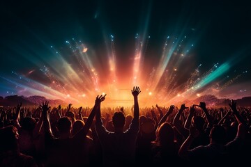 Crowd with raised hands at concert summer festival music concept