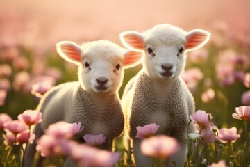 Cute lambs in the flower field