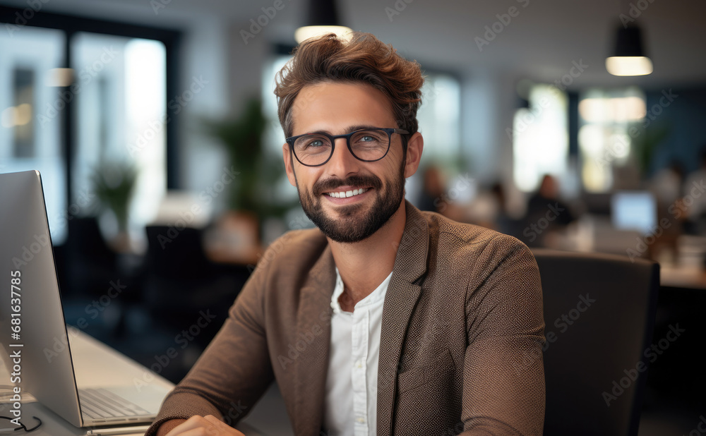 Poster Smiling man is working on computer in the office, Busy with work.
