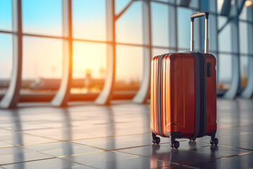 suitcase at airport plane. close up travel concept, summer vacation concept, traveler suitcases in airport terminal. Travelling luggage in the airport and near a passenger plane - obrazy, fototapety, plakaty
