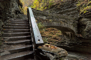 stone path detail at watkins glen state park (waterfalls in a gorge) upstate new york finger lakes...