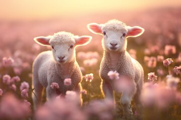 Obraz premium Cute lambs in the flower field