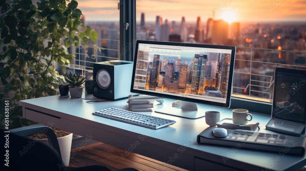 Poster home office setup for remote working, cozy comfortable workplace with computer screen and planning c