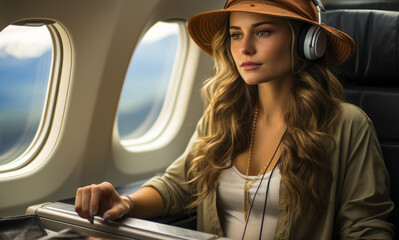 Woman using laptop on airplane in mountain scenery. A woman wearing headphones sitting on an airplane