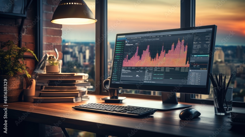 Aufkleber Modern office desk with computer monitor and chart data trading stocks online and planning charts.