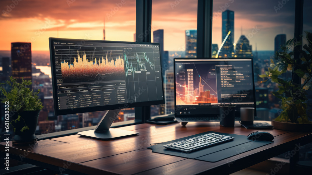 Aufkleber Modern office desk with computer monitor and chart data trading stocks online and planning charts.