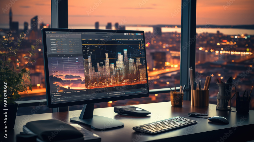 Aufkleber modern office desk with computer monitor and chart data trading stocks online and planning charts.