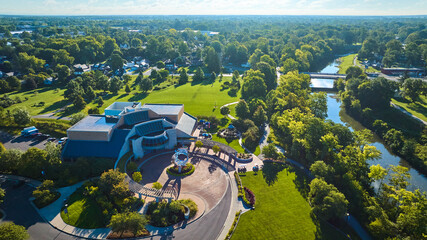 Minnetrista Museum and Gardens building and sculpture aerial, bright summer day