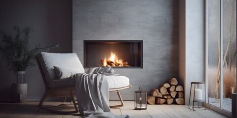 Grey chair by fireplace against window. Scandinavian home interior design of modern living room