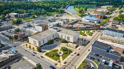 Delaware County Court Administration courthouse aerial of Muncie city, IN on sunny summer day