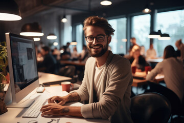 A designer looking at the computer with a smile and working in the agency.