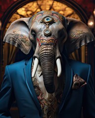 Elephant dressed in a classy modern suit, standing as a successful leader and a confident gentleman. Fashion portrait of an anthropomorphic animal, chimp, chimpanzee, posing with a charismatic