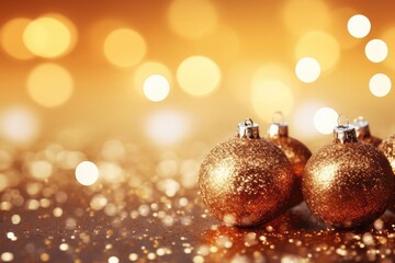 Golden Christmas tree toy balls with festive confetti on a pastel bokeh background.