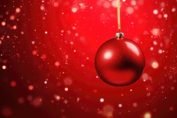Fototapeta na wymiar Red Christmas tree toy ball with festive confetti on a bokeh background.