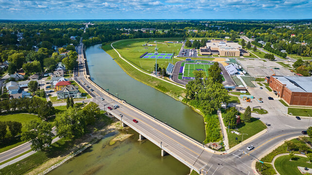 White River splitting neighborhood and Muncie Central and Indiana Early College High School aerial