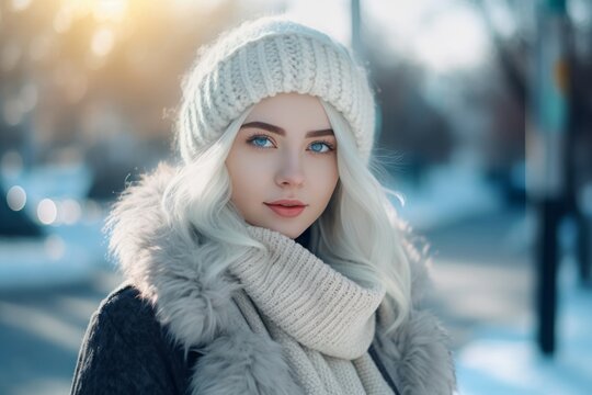 Russian girl winter clothes. Fashion person girl nature face. Generate Ai