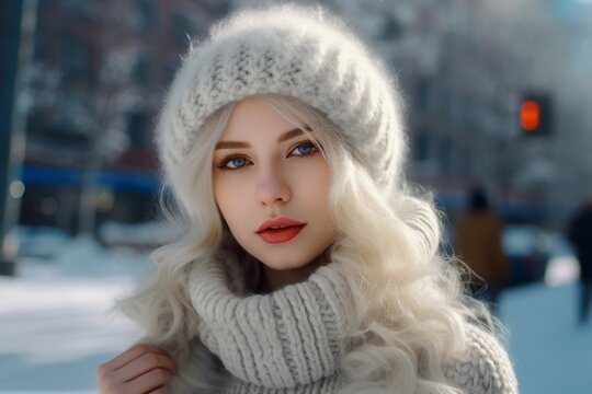 Russian girl winter clothes sunny light. Park natural cheerful adorable cute. Generate Ai