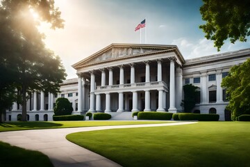Royalty-free clip art portraying a serene courthouse surrounded by pillars and lawns, representing the dignified presence of both state and federal legal institutions - obrazy, fototapety, plakaty