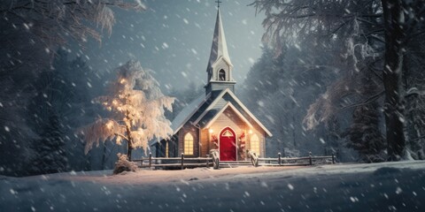 church in the winter snow - obrazy, fototapety, plakaty