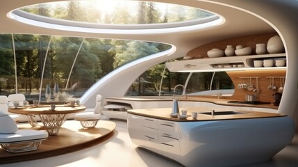 Fototapeta premium Organic interior lounge frontal kitchen at modern house, Futurism style.