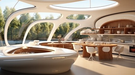 Organic interior lounge frontal kitchen at modern house, Futurism style.