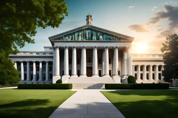 Royalty-free clip art portraying a serene courthouse surrounded by pillars and lawns, representing the dignified presence of both state and federal legal institutions - obrazy, fototapety, plakaty
