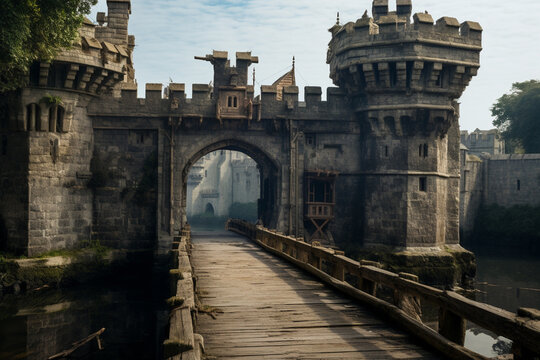 The drawbridge of a medieval castle, evoking images of knights and historical fortress defenses.
