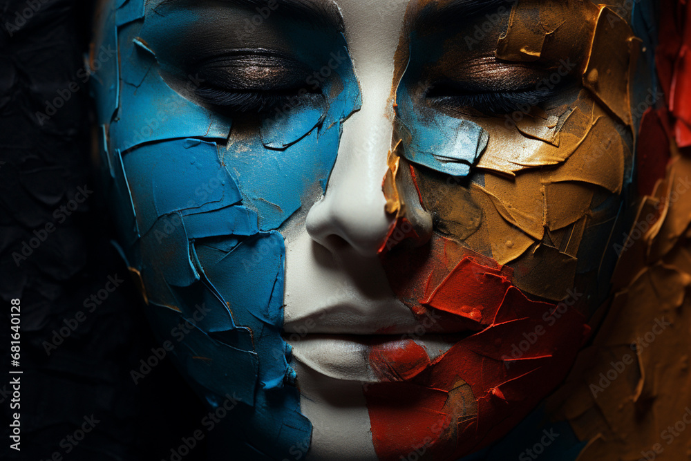 Poster a face partially obscured by abstract masks, illustrating the layers of identity that individuals ma
