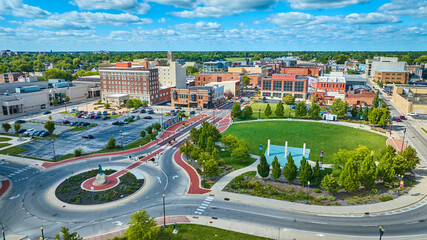 Passing of the Buffalo statue in Muncie city roundabout beside Canan Commons Park aerial, IN