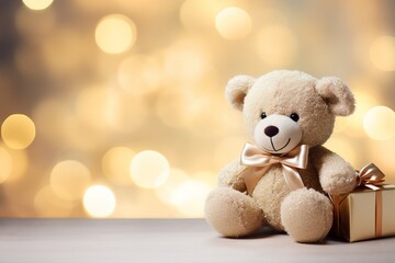 A Cuddly Companion with a Bow: A Teddy Bear Surrounded by Love and a Gift Box