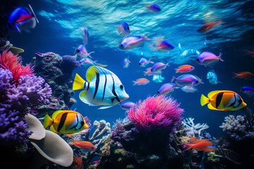Fototapeta na wymiar A vibrant underwater photograph showcasing a diverse array of tropical fish, perfect for adding a burst of color and energy to design projects.