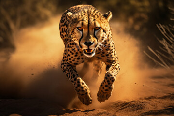 A dynamic shot capturing the speed and agility of a cheetah in full sprint, perfect for projects emphasizing speed, efficiency, and agility.