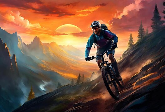 AI generated illustration of a cyclist on a mountain with the sun rising over the horizon