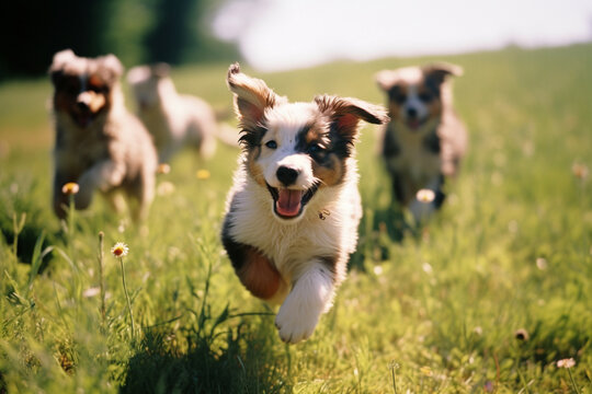 A heartwarming image of adorable puppies frolicking in a sunlit meadow, ideal for promoting a sense of joy, playfulness, and carefree living.
