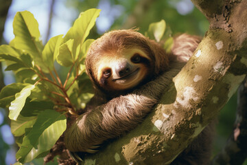 Naklejka premium A relaxed image of a sloth lounging in a tree, radiating tranquility, slow-paced living, and the beauty of taking it easy.