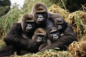 Obraz premium A heartwarming photograph of a gorilla family, showcasing strong familial bonds, unity, and a sense of protectiveness.