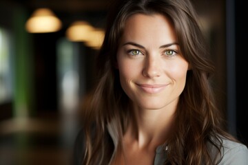 A Captivating Smile: A Woman with Long Brown Hair Radiating Happiness