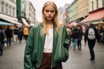 A Lone Woman Amidst the Bustling Chaos of a City Street
