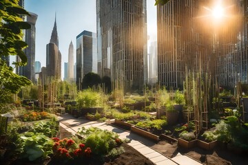 Royalty-free clip art of a serene community garden surrounded by towering city buildings, sunlight streaming through gaps in the skyscrapers