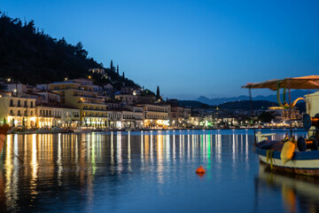 Gytheio city by night. Peloponnese region in Greece. Long exposure, sea side, Mediterranean architecture 