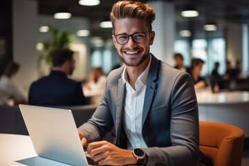 Happy customer sitting working with laptop in a office.