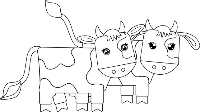 Couple of cute little calves - vector linear picture for coloring. Outline. Cow and bull cute picture for children's coloring book