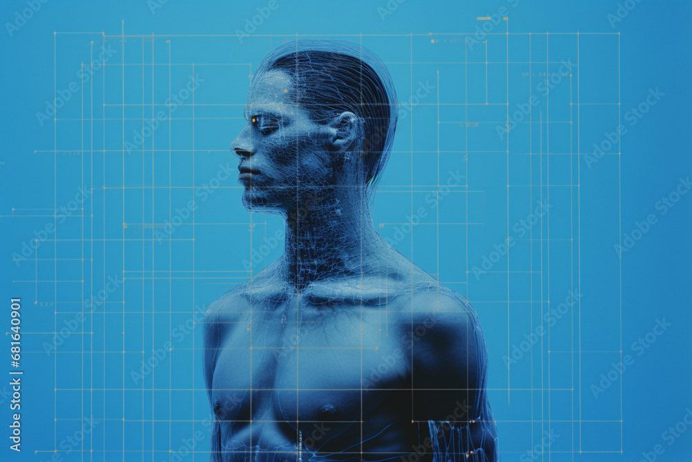 Poster A conceptual image featuring a blueprint-like representation of the human form, exploring the design of human existence.