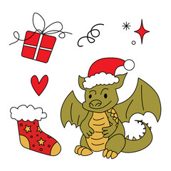 Merry Christmas and Happy New year set. Dragon, cartoon style