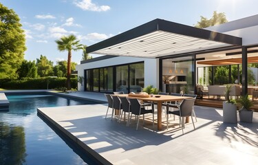 Fototapeta premium Sunbeds and dining zone near pool in backyard of modern house