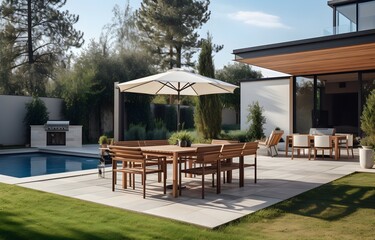 Fototapeta premium Sunbeds and dining zone near pool in backyard of modern house