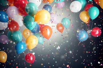 Colorful balloons with confetti on dark background. Party and celebration concept