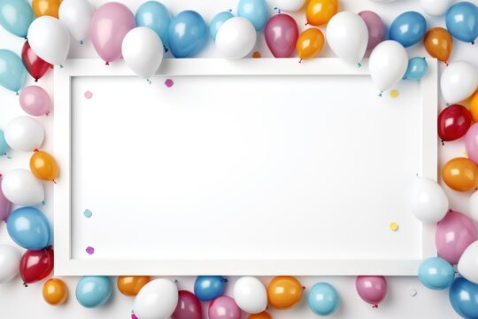 White frame with colorful balloons and confetti on white background, top view